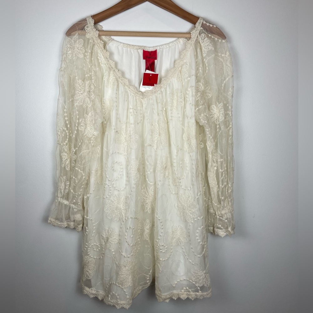 NWT Cristina Ivory Lace Shirt Blouse Boho Romantic Sheer Embroidered Long Sleeve